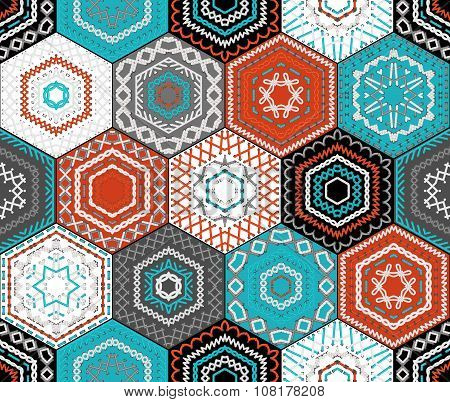 Coloured Embroidered Hexagons Background.