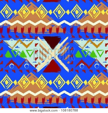Hand Drawn Tribal Colorful Seamless Pattern On Blue Background