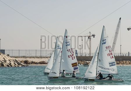 Haifa, Israel - October 16, 2015 : World Championship 2015, sailing schooners model 470, on October