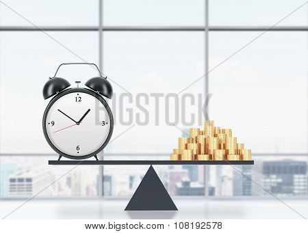 A Balance Between Time And Money. On The One Side Is Money, On The Other One Is An Alarm Clock. The