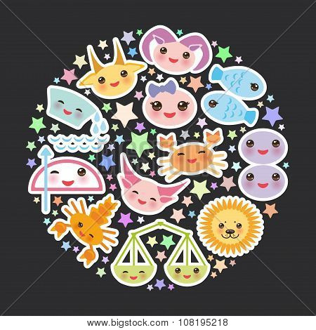 Funny Kawaii zodiac sign, astrological stiker set  virgo, aries, gemini, cancer, aquarius, taurus, l