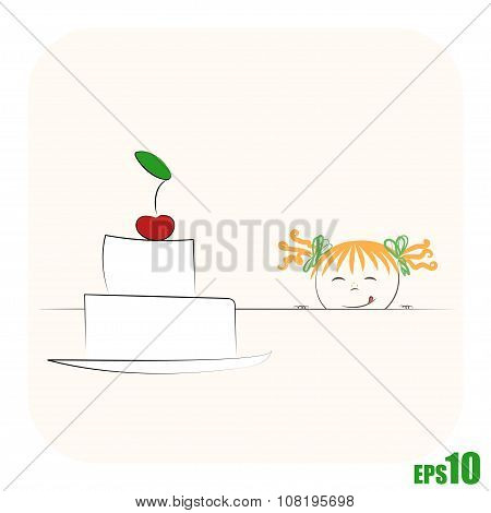 Small girl watching on big cake