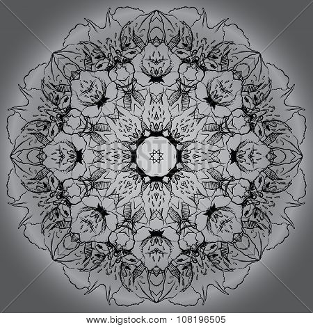 Mandala circle round monochrome black white background