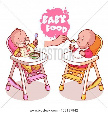 Two Kids In Baby Highchair With Plate Of Porridge.