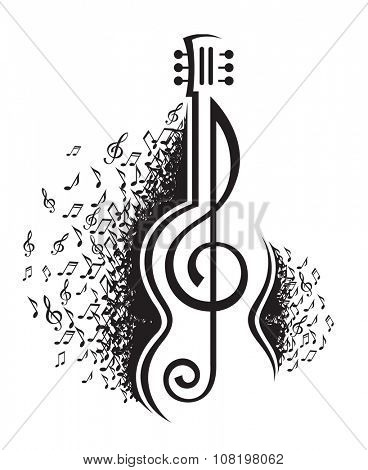 monochrome illustration of musical notes and guitar
