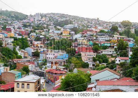 NOVEMBER 7 - VALPARAISO: Aerial view of the Concepcion and Alegre districts of the protected UNESCO World Heritage Site of Valparaiso on November 7 2015 in Valparaiso Chile