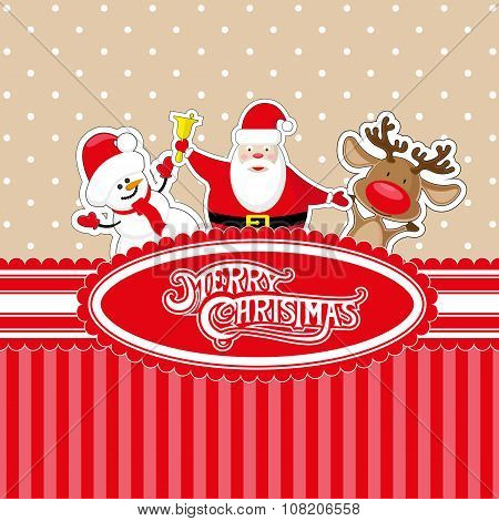 Vector Banner Merry Christmas Candy Box With Snowman, Santa Claus In Red Hat And Deer