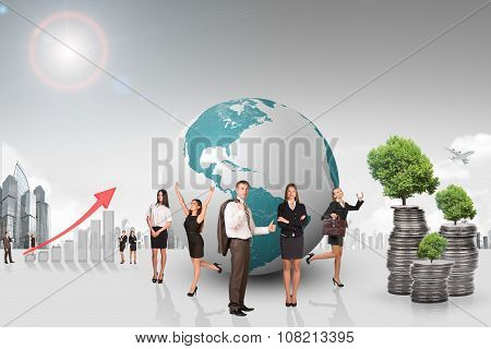 Buisnesspeople with growth graph and city