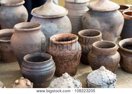 KRAKOW POLAND - APR 7 2015: handmade ceramic pottery in a roadside market