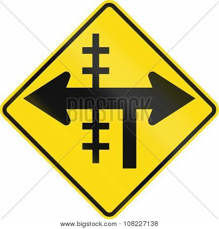 New Zealand Road Sign - Level Crossing On Controlled T-junction On Left