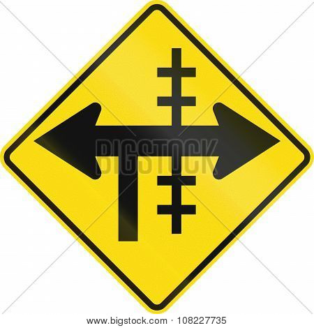 New Zealand Road Sign - Level Crossing On Controlled T-junction On Right