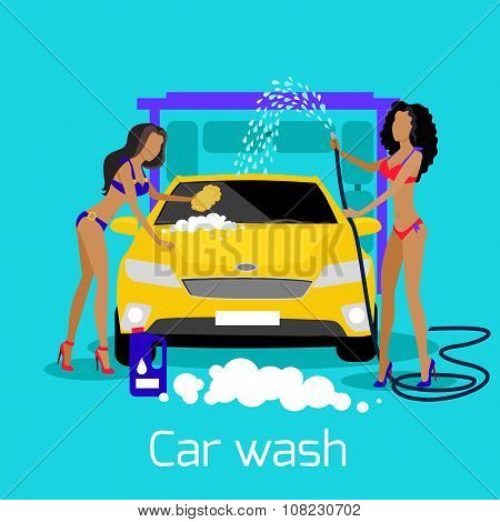 Girl Car Wash Flat Concept Icon