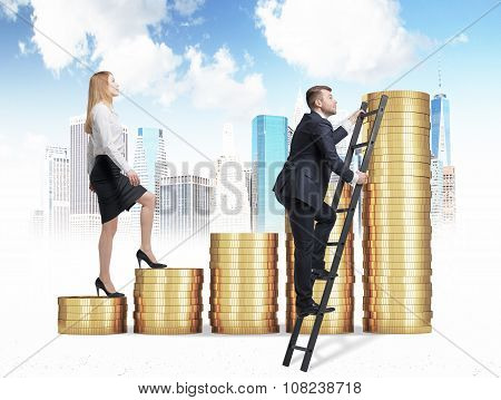 A Woman In Formal Clothes Is Going Up Through A Stairs Which Are Made Of Golden Coins, While A Man H