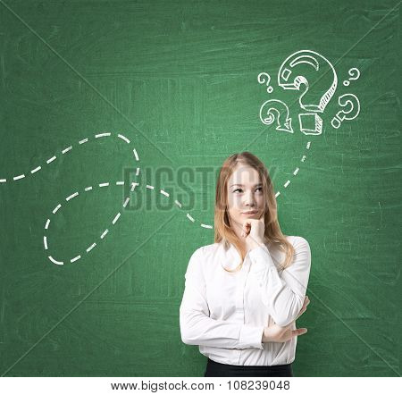 A Young Beautiful Lady In Formal Clothes Is Thinking About Unanswered Questions. Question Marks Are