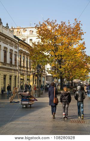 The old street Skadarlija in Belgrade, Serbia, people, yellow autumn trees