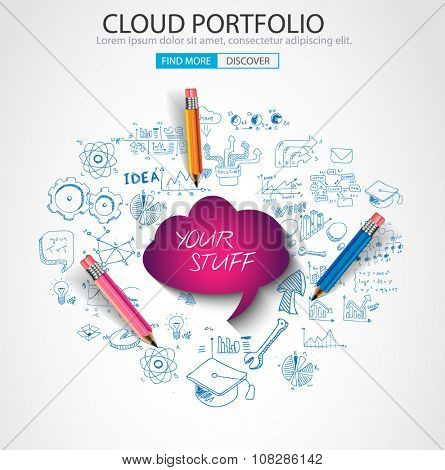 Cloud computing concept with doodle skeches infographics icons. Hand drawn icons of maths, graphs, notes, pencils, mail, and so on.