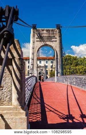 Old Passerelle Du College Bridge Over Rhone River In Lyon, France