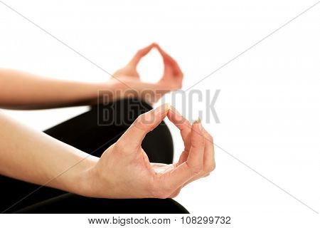 Female hands in ohm yoga pose