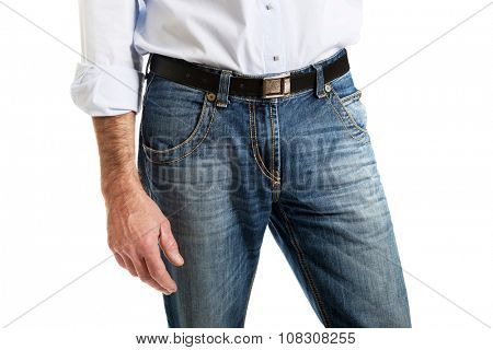 Fashionable mature men in jeans trousers. 