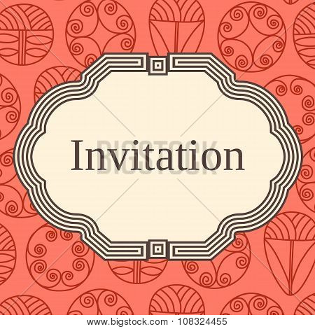 Invitation, Wedding Or Greeting Card Template. Elegant Frame Over Pattern Background Design