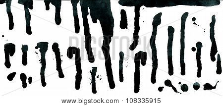 Black ink spray drops and drips isolated on white background.