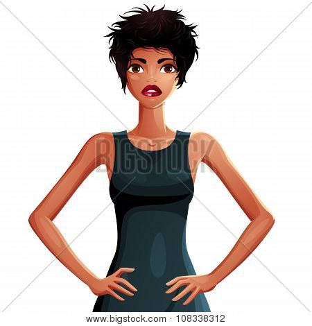 Beautiful Tanned Woman With Her Hands On A Waist, Upper Body Portrait. Colorful Drawing Of Cute