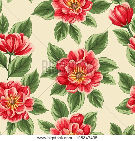 Floral seamless pattern with bright peonies stylized like watercolor