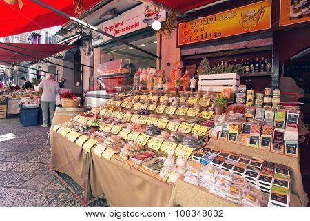 Grocery Shop At Famous Local Market Capo In Palermo, Italy