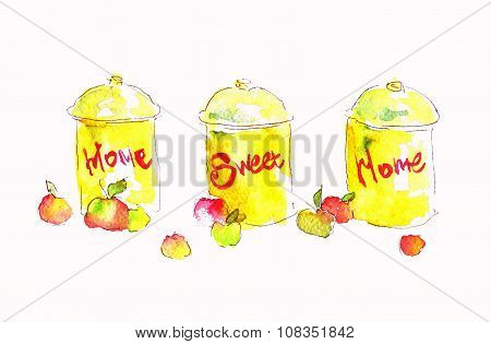 Seth Watercolor Cans Nadpistyu Home Sweet Home. Watercolor Illustration For Your Design.