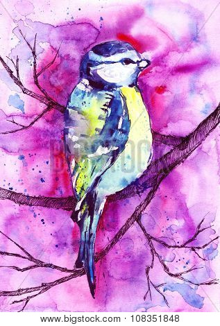 Watercolor Bird Sitting On A Branch
