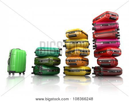 Heap of baggage.Travel or tourism development concept. Grouth of amount of transportations. 3d