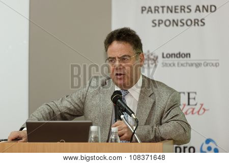 ST. PETERSBURG, RUSSIA - NOVEMBER 13, 2015: Creator of Eiffel programming language Bertrand Meyer at the conference Tools & Methods of Program Analysis in the Saint-Petersburg Polytechnic University
