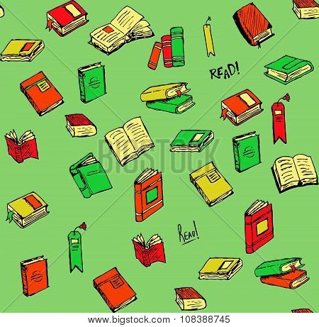 Hand-drawn Book and Accessories Icons and Seamless Pattern.