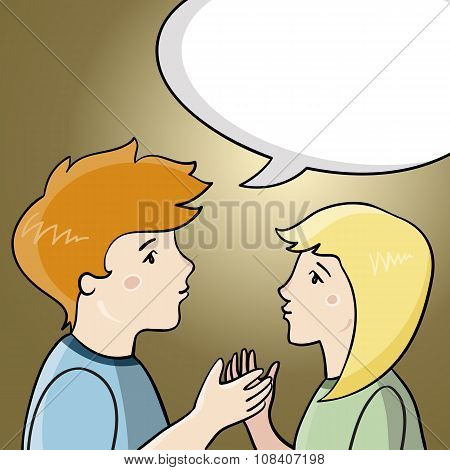 Boy talks to girl. There's place for text in white bubble.