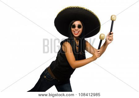 Young attractive woman wearing sombrero on white