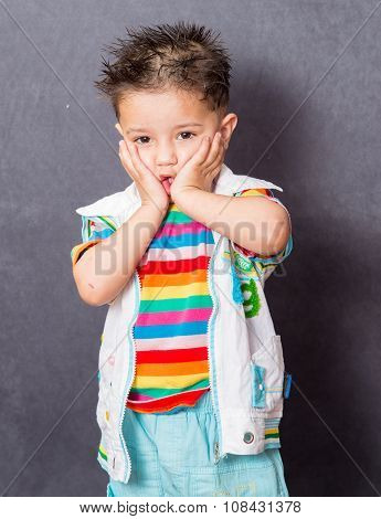 shocked expiration. boy fashion portrait. Child model.