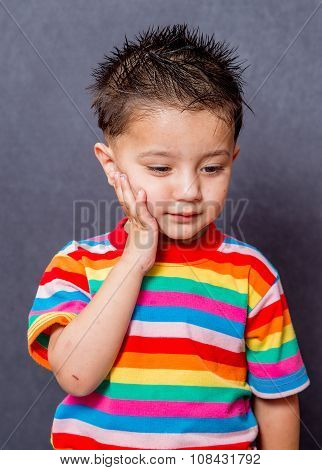 Thinking expiration. boy fashion portrait. Child model.