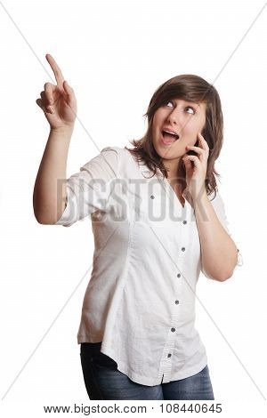 excited girl pointing upwards