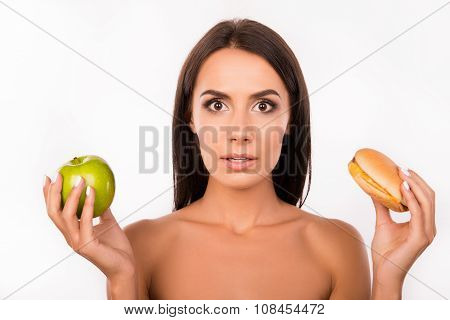 Hard Choice: Apple Or Burger, Flustered Girl Decided To Go On A Diet