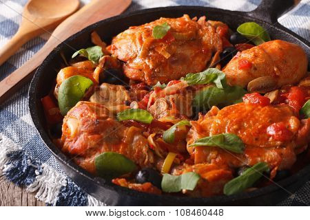 Homemade Cacciatori Chicken With Mushrooms In A Pan Horizontal