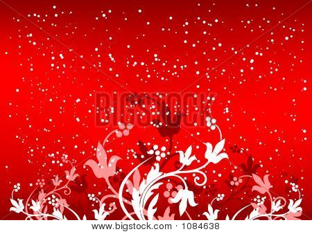 Abstraktní Winterbackground vločky a květiny v červené barvě