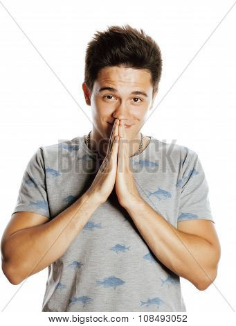 young attractive man isolated thinking emotional on white close up gesturing smiling