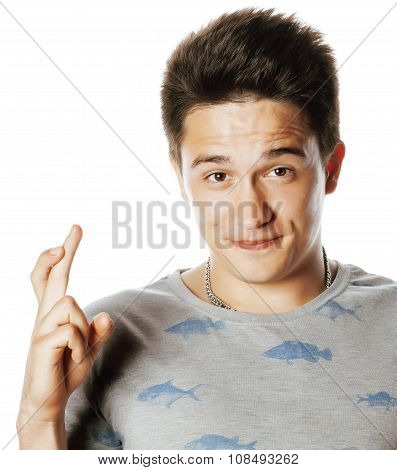 young attractive man isolated thinking emotional on white close up gesturing smiling