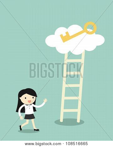 Business concept, Business woman going to climb the ladder for get a golden key.