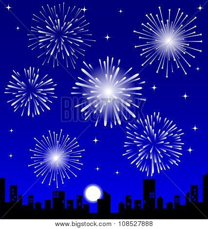 Fireworks  Over The Night City, Vector Illustrated