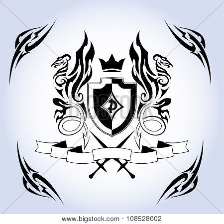Coat of arms. Shield and two dragons.