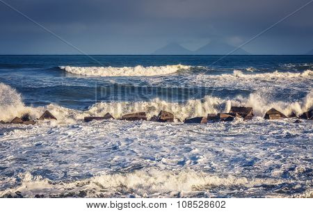 Fantastic sea view with dark sky and strong storm waves. Dramatic and picturesque scene. Location Gioiosa Marea. Lipari island, Sicilia, Italy, Europe. Mediterranean and Tyrrhenian sea. Beauty world.
