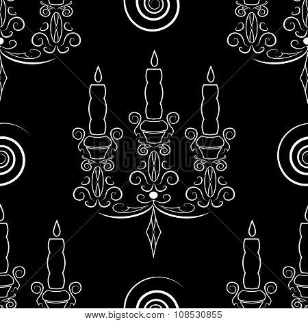 White chandelier outline on black background. Vector seamless pattern.