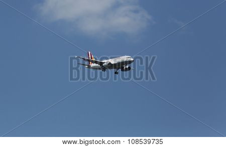 ZAGREB, CROATIA - JUNE 10: Airbus A319, registration D-AGWF of Germanwings landing on Zagreb Airport Pleso on June 10, 2015.