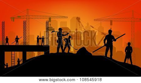 Construction worker silhouette at work background